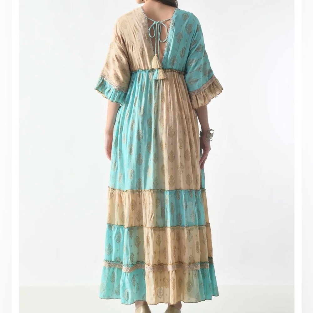 26413 Boho Maxi Dress with Gold Foil Print – Summer Resort Dress w POCKETS - Picture 2 of 2